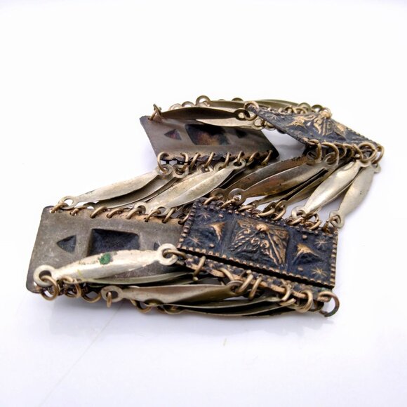 Pyramid Links Panel Bracelet, Vintage Silver Statement Bangle, Stamped Mexico - Picture 4 of 6